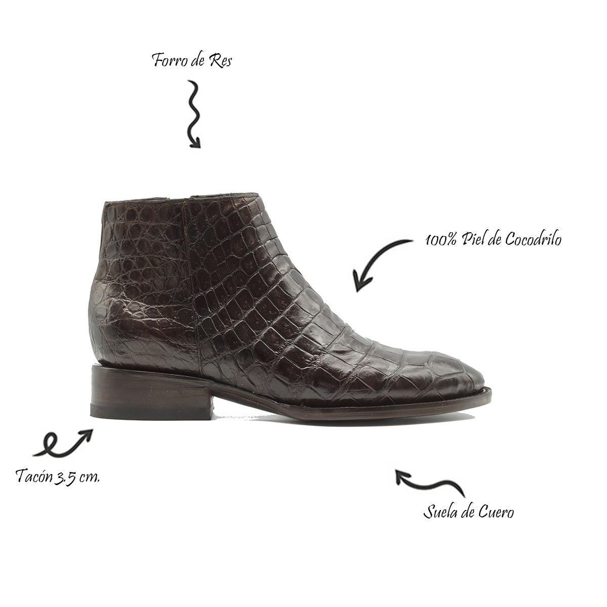 BOTIN CREMALLERA EN PIEL GENUINA DE COCODRILO CAFE