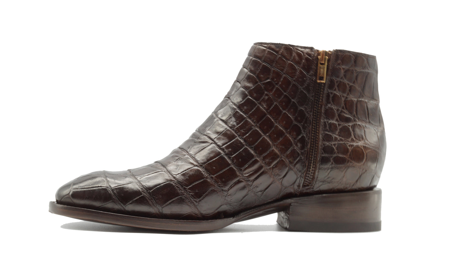 BOTIN CREMALLERA EN PIEL GENUINA DE COCODRILO CAFE