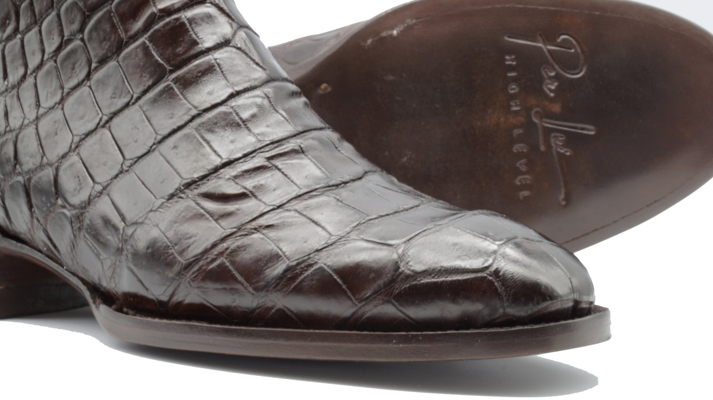 BOTIN CREMALLERA EN PIEL GENUINA DE COCODRILO CAFE